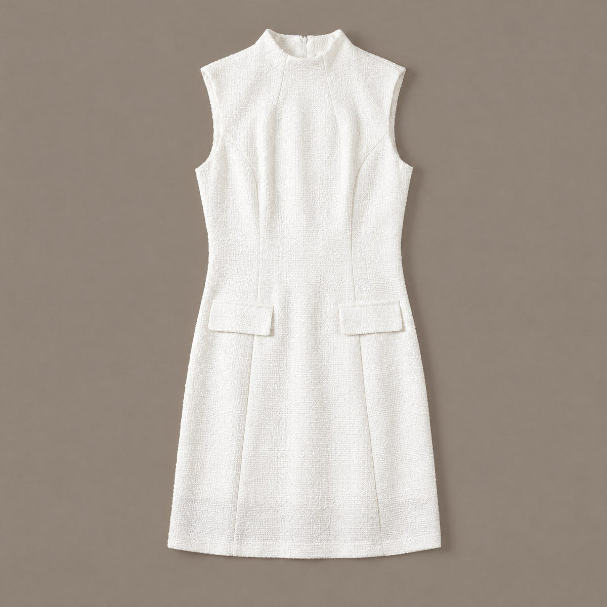 White tweed mock neck sheath dress photographed flat