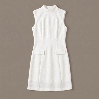 White tweed mock neck sheath dress photographed flat
