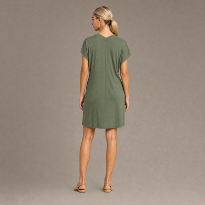 Back view of the green V neck short sleeve casual dress