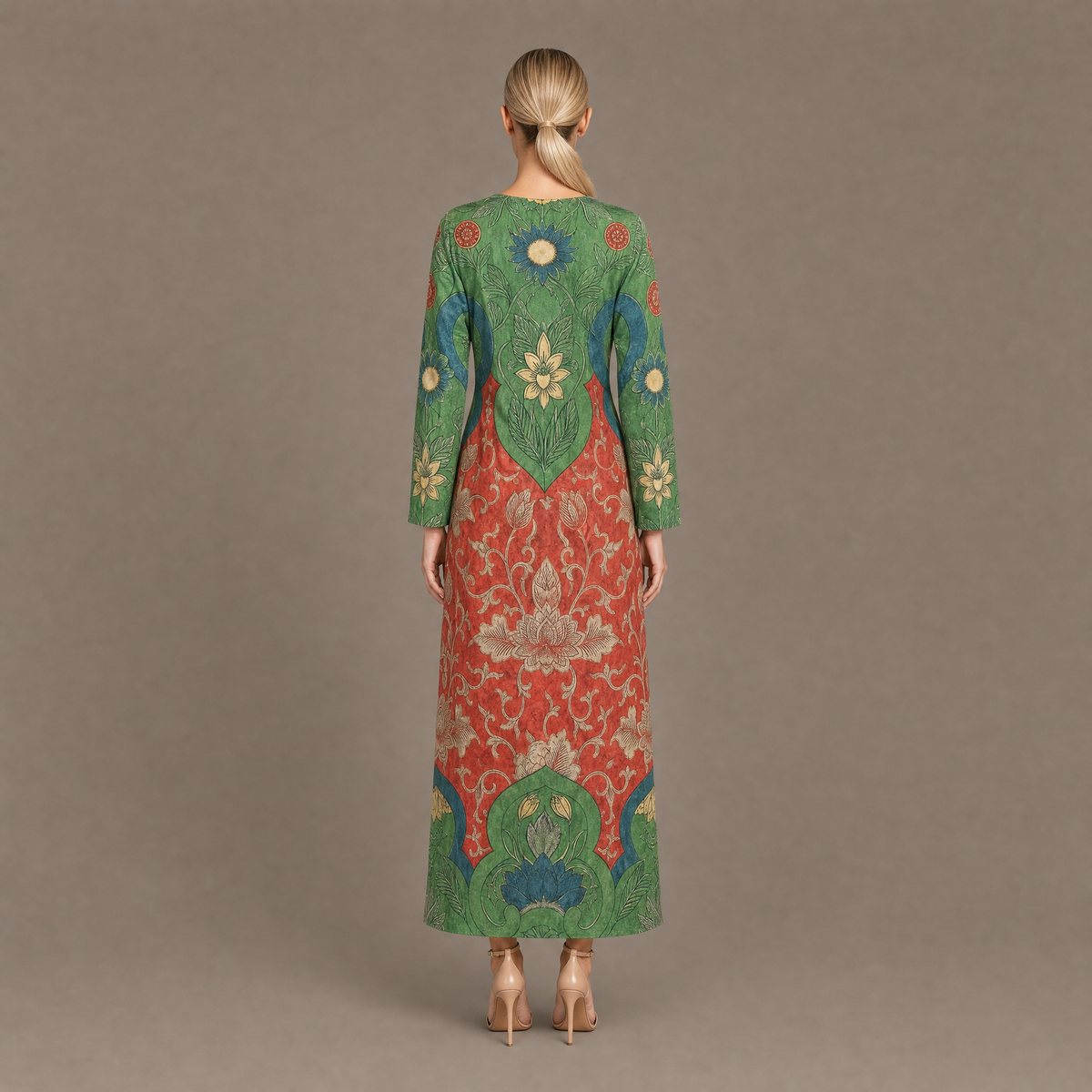 Back view of the green vintage floral long sleeve maxi dress