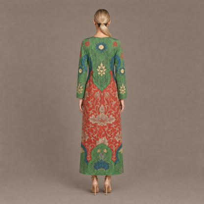 Back view of the green vintage floral long sleeve maxi dress