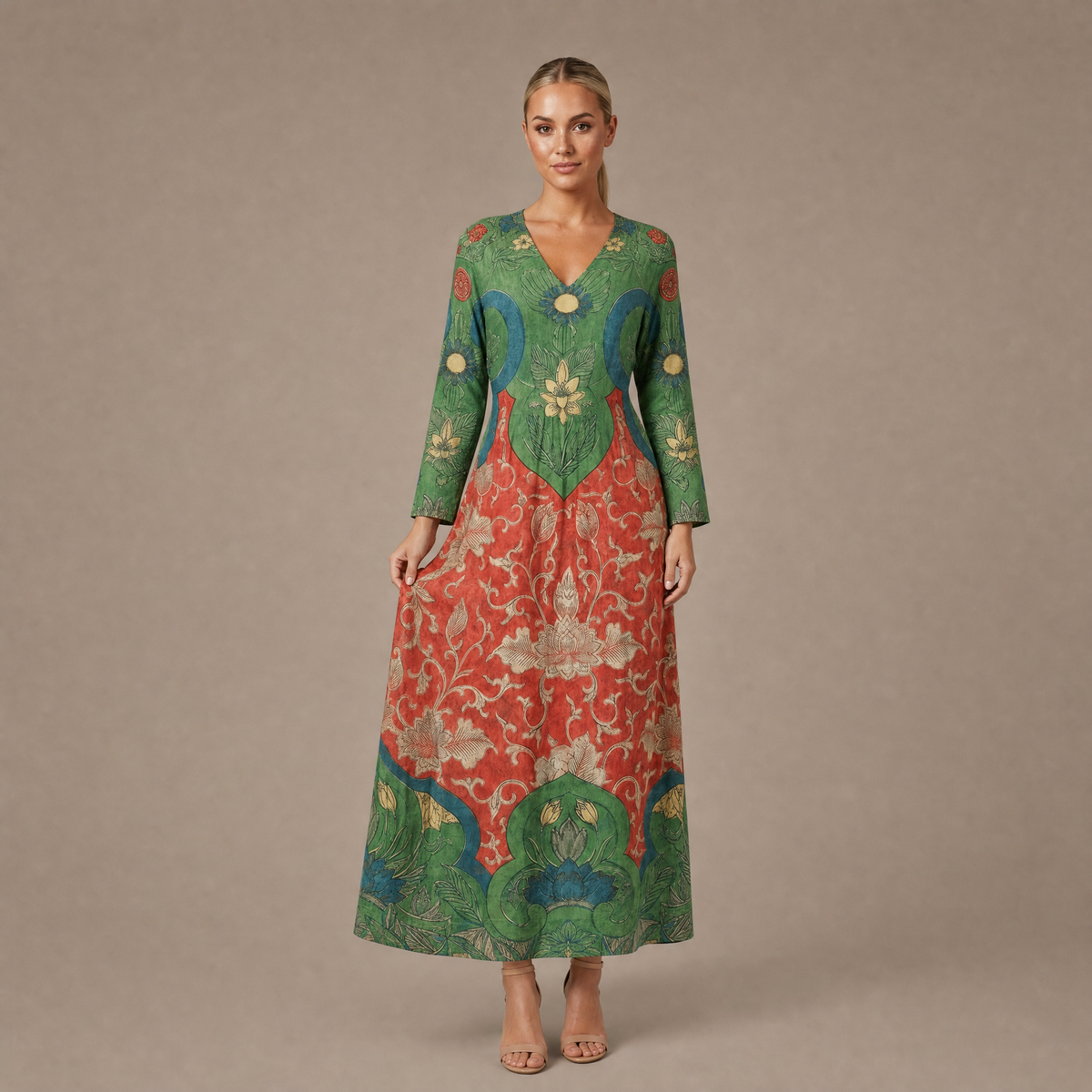 Woman wearing the green vintage floral long sleeve maxi dress, front view