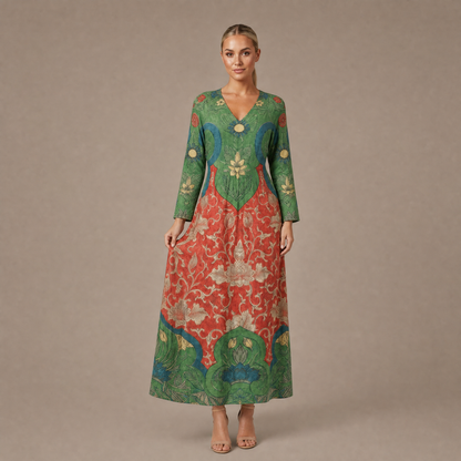 Woman wearing the green vintage floral long sleeve maxi dress, front view
