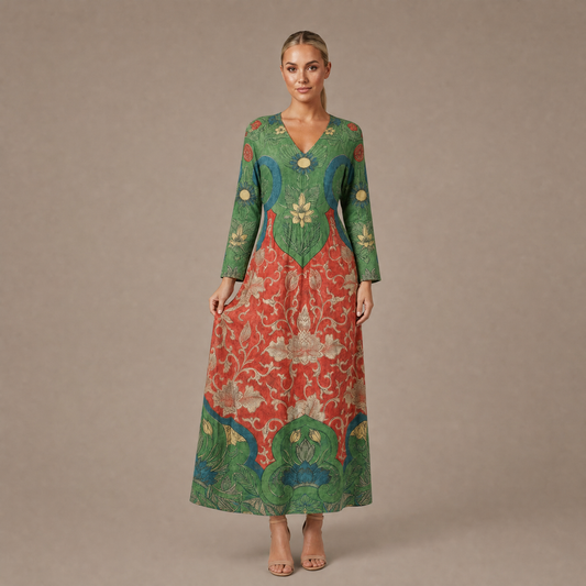 Woman wearing the green vintage floral long sleeve maxi dress, front view