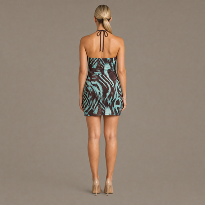 Back view of the brown zebra print halter bodycon dress