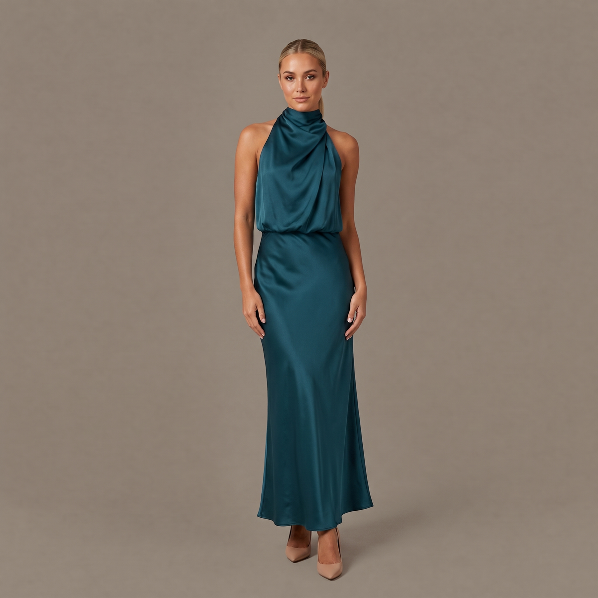 Halter Neck Long Satin Dress - Pine Blue
