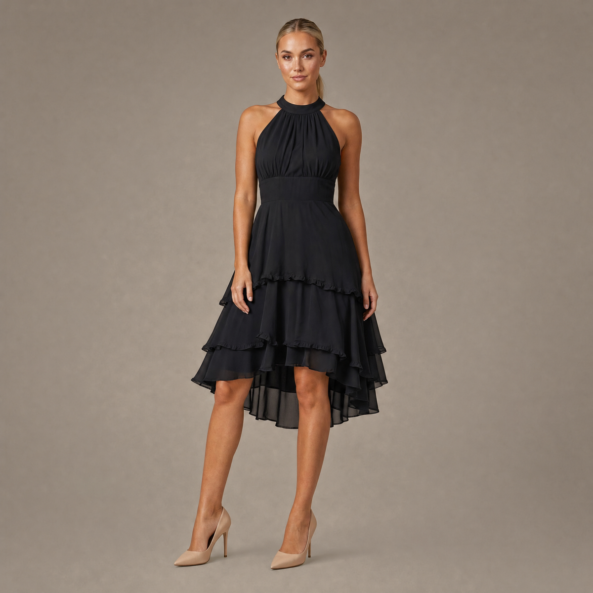 Ruffle Trim Tiered Dress - Black